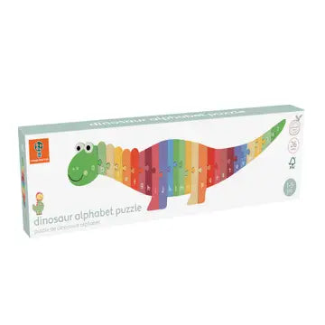 Box of a dinosaur alphabet puzzle with colorful design on a white background