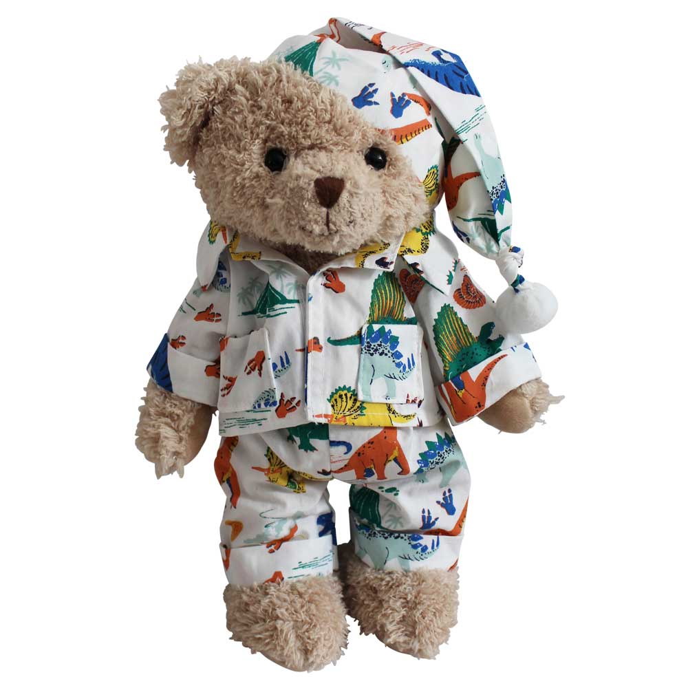 Teddy Bear Wearing Colourful Dinosaur Pyjamas And Nightcap