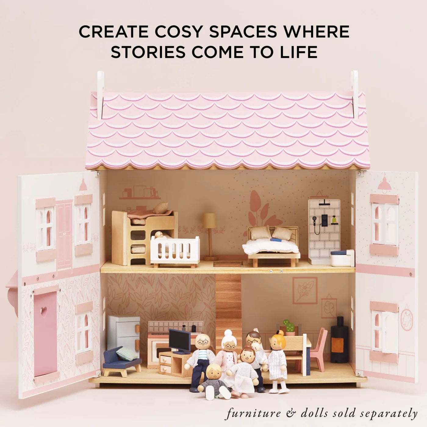 Le Toy Van Sophie's Wooden Dolls House - Award-Winning Dollhouse with 7 x Furniture sets and Doll Family