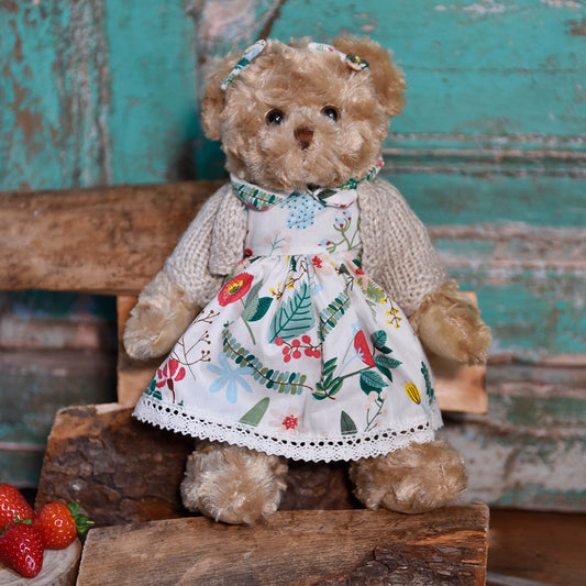 Teddy Wearing White Berry Dress And Hand Knitted Cardigan